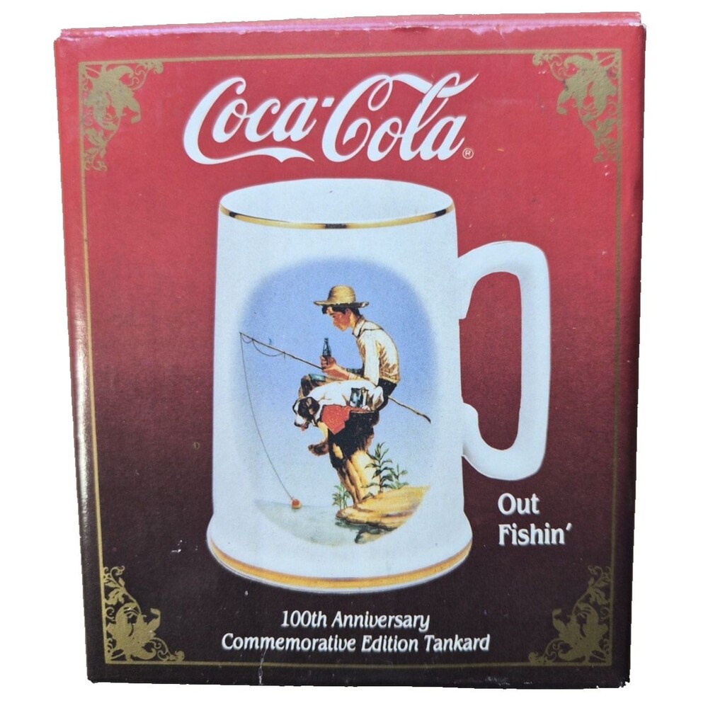 Vintage Coca-Cola 100th Anniversary Tankard Mug Norman Rockwell Out Fishin Box